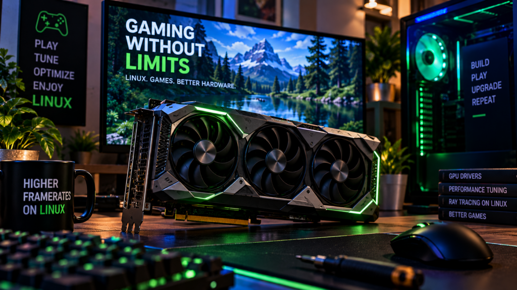 Unbranded graphics card in a Linux gaming PC setup.