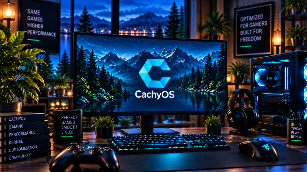CachyOS logo on a monitor beside a blue-lit gaming PC and controller, with mountain scenery.