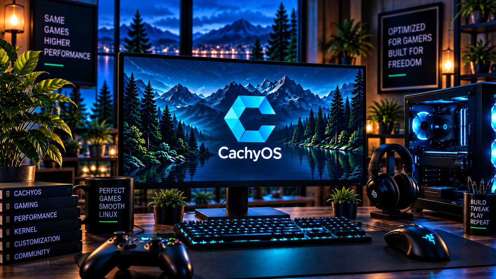 CachyOS logo on a monitor beside a blue-lit gaming PC and controller, with mountain scenery.