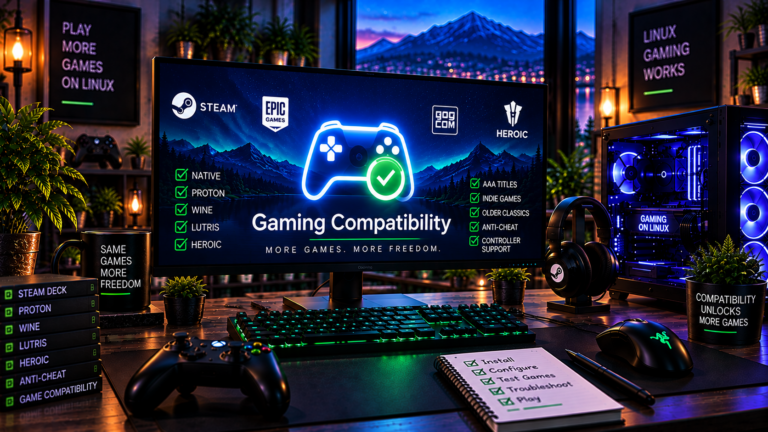 Gaming workstation with a monitor showing a controller, compatibility checklists, and Steam, Epic Games, GOG and Heroic logos.
