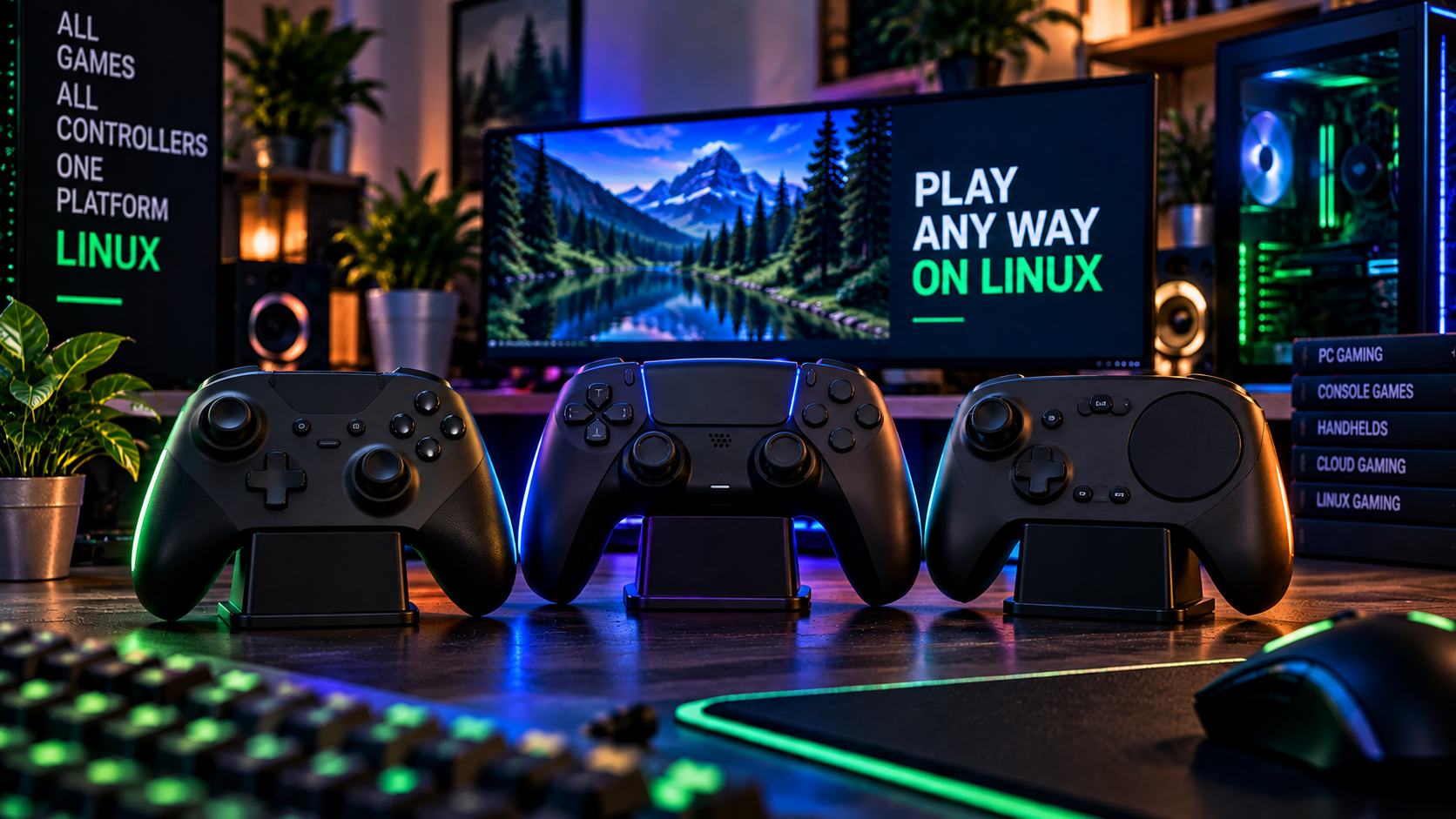 Three generic game controllers in a Linux gaming setup.