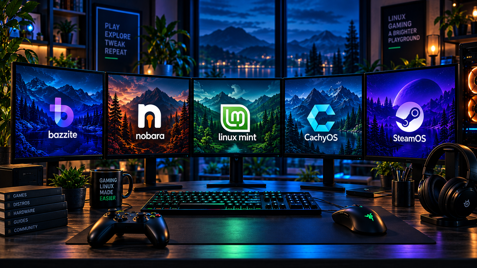 Gaming workstation with five monitors displaying Bazzite, Nobara, Linux Mint, CachyOS and SteamOS logos.