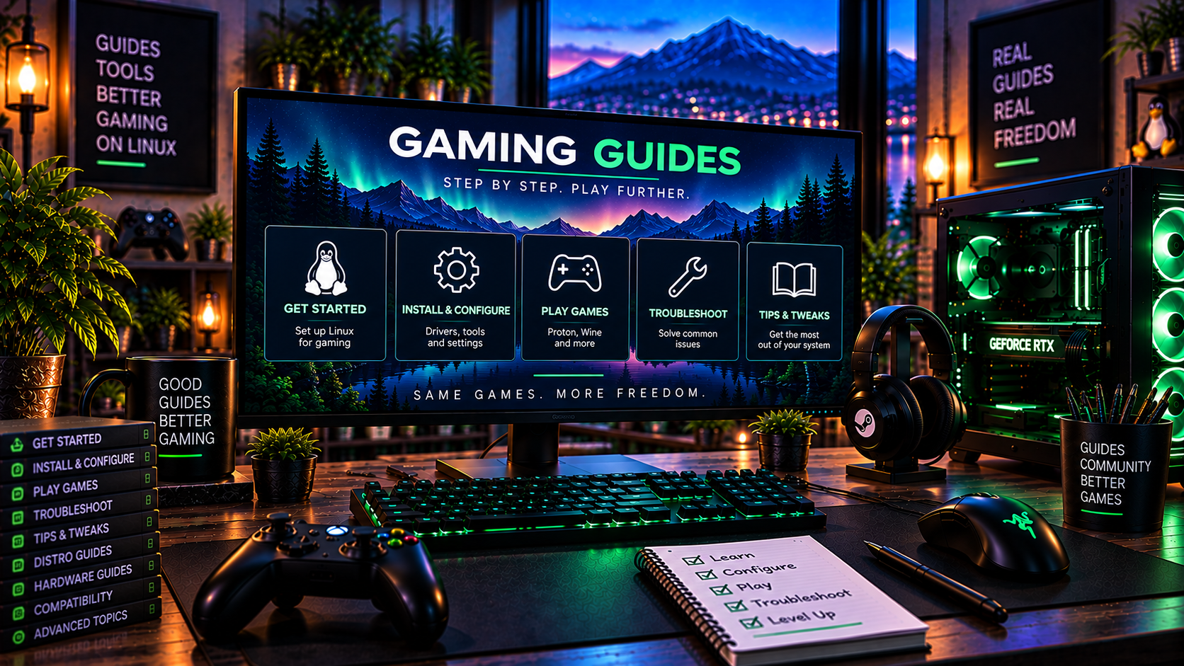 Gaming workstation with a monitor displaying Linux gaming guides for getting started, installation and configuration, playing games, troubleshooting, and tips and tweaks.