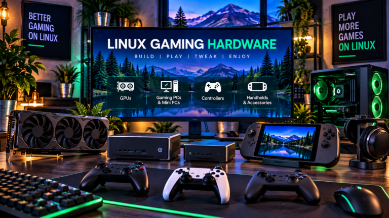 Linux gaming hardware including a graphics card, gaming PCs, controllers and a handheld gaming PC.
