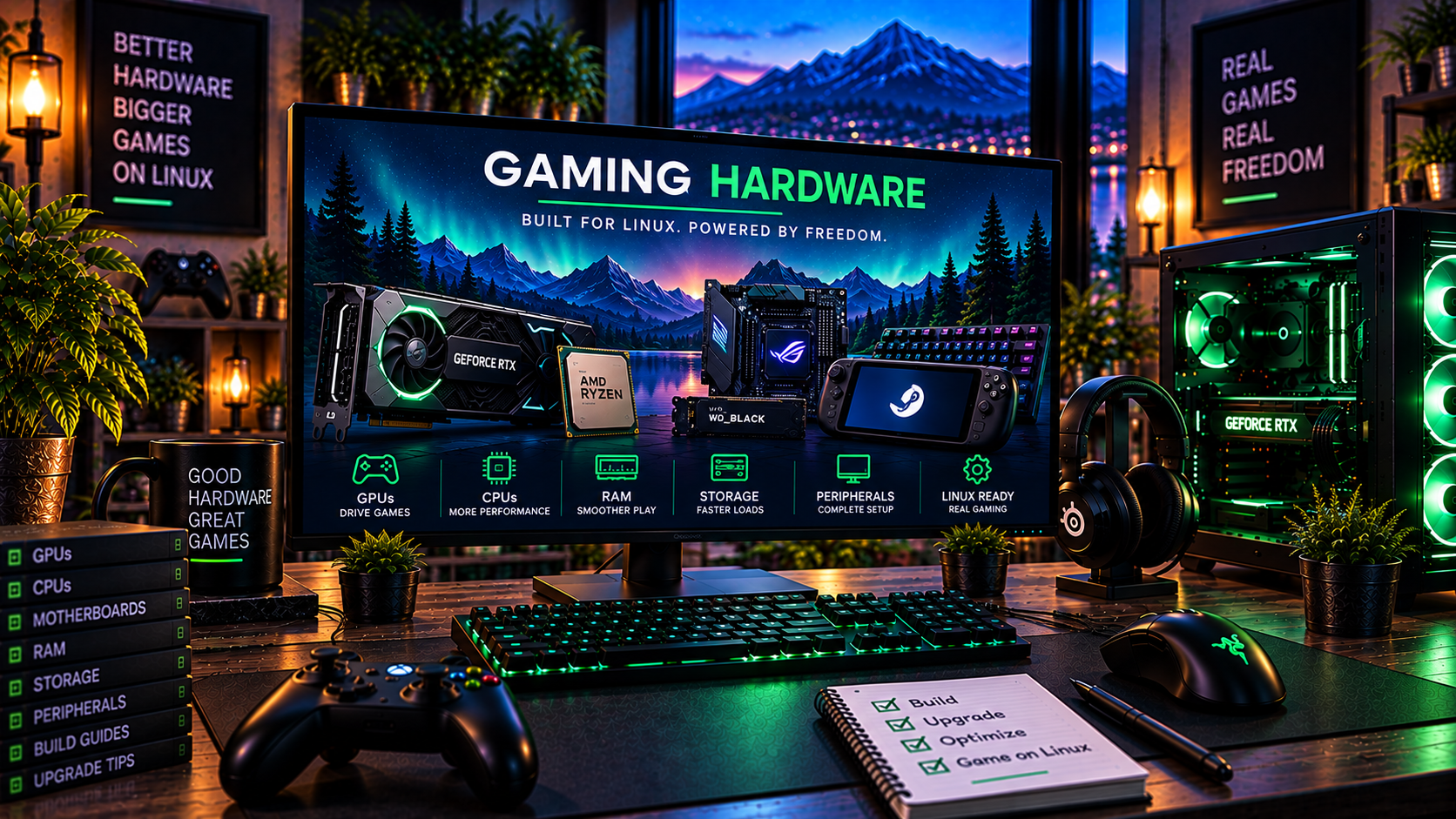 Linux gaming hardware including graphics hardware, controller, handheld and gaming PC.