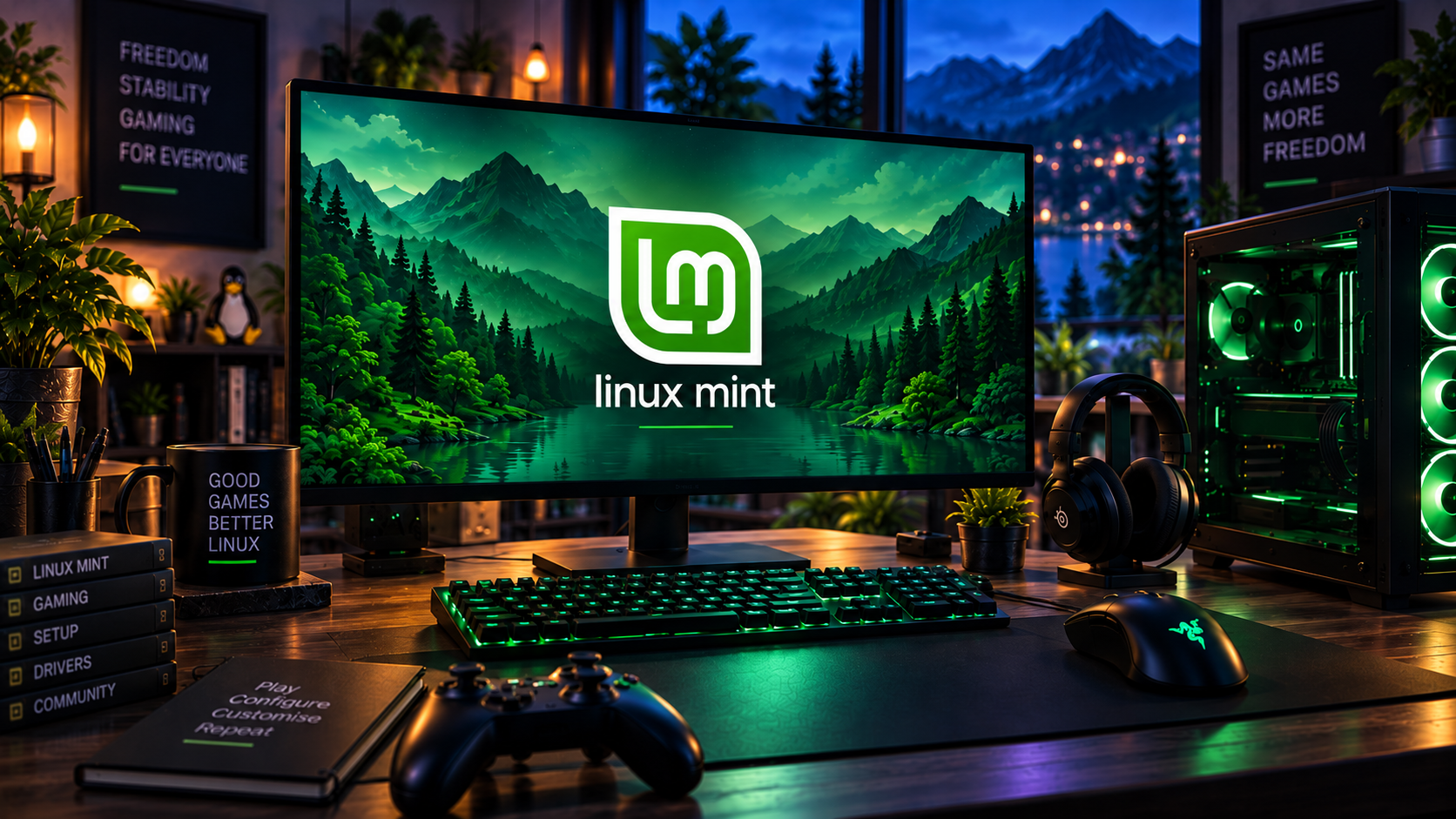Linux Mint logo on a monitor at a green-lit gaming workstation with a controller and mountain scenery.