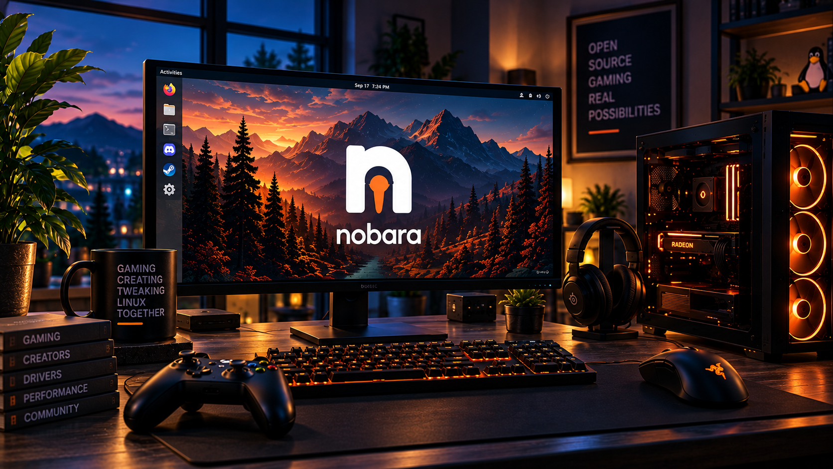 Nobara-branded monitor beside an orange-lit gaming PC and controller.