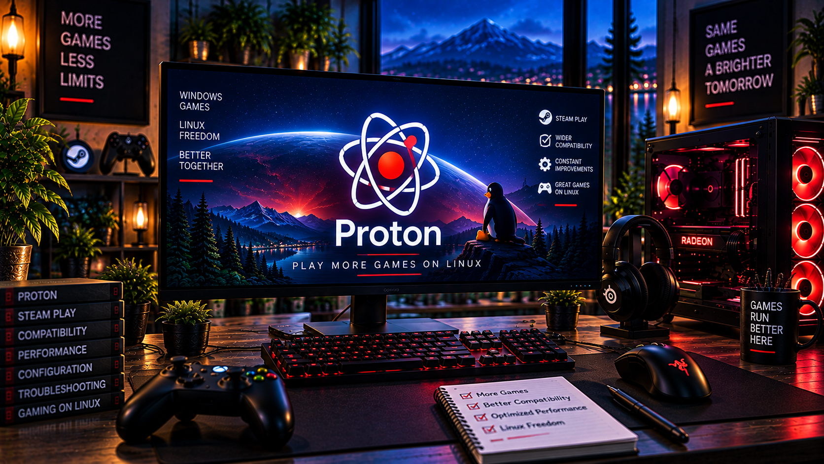 Gaming workstation with a monitor displaying Proton branding and the Tux penguin beside a red-lit PC.