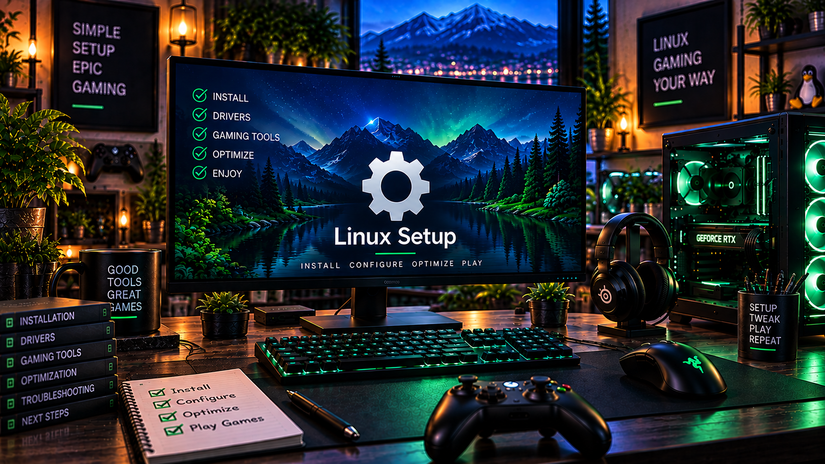 Linux gaming workstation illustrating installation and gaming setup.