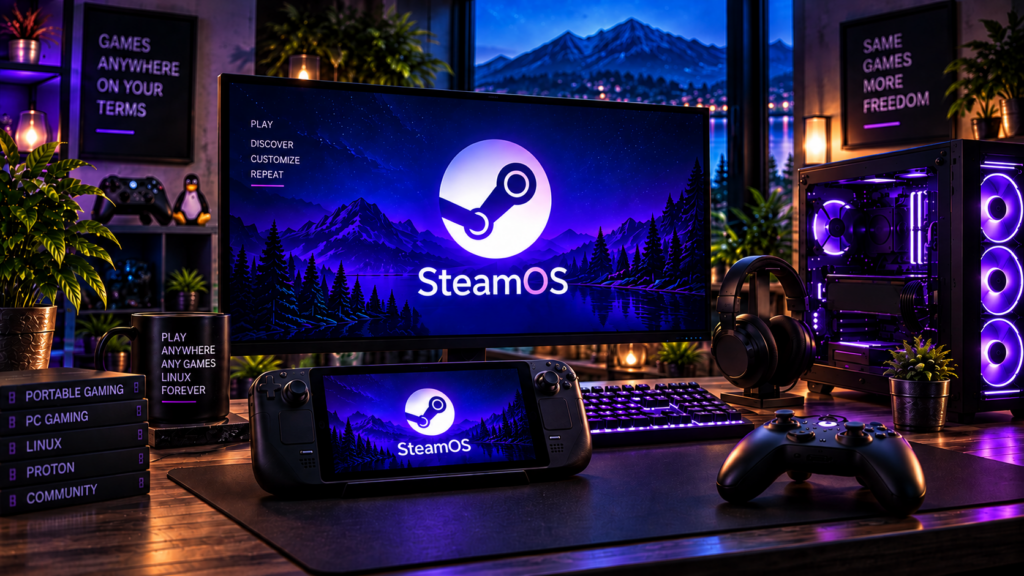 SteamOS logos on a desktop monitor and handheld gaming PC at a purple-lit gaming workstation.
