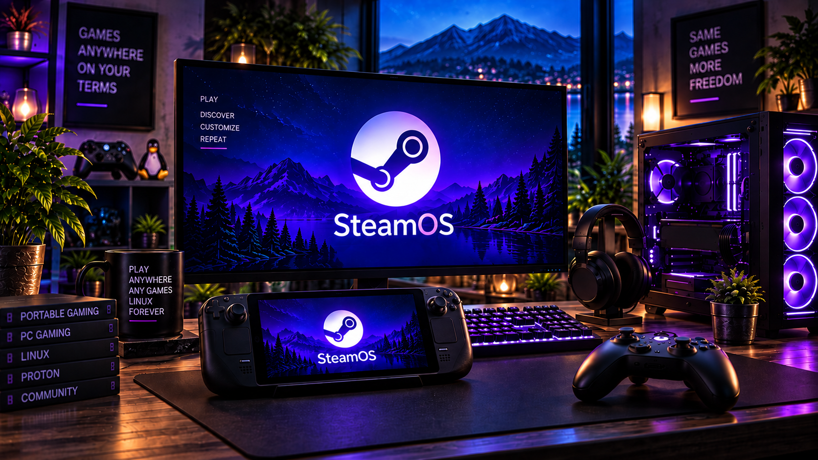 SteamOS logos on a desktop monitor and handheld gaming PC at a purple-lit gaming workstation.