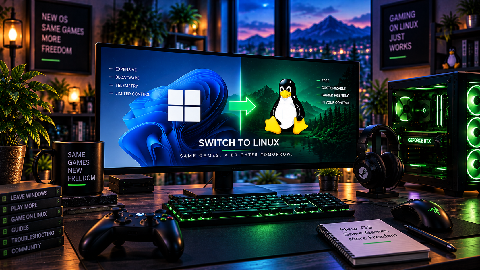 Gaming workstation illustrating a move from Windows to Linux.