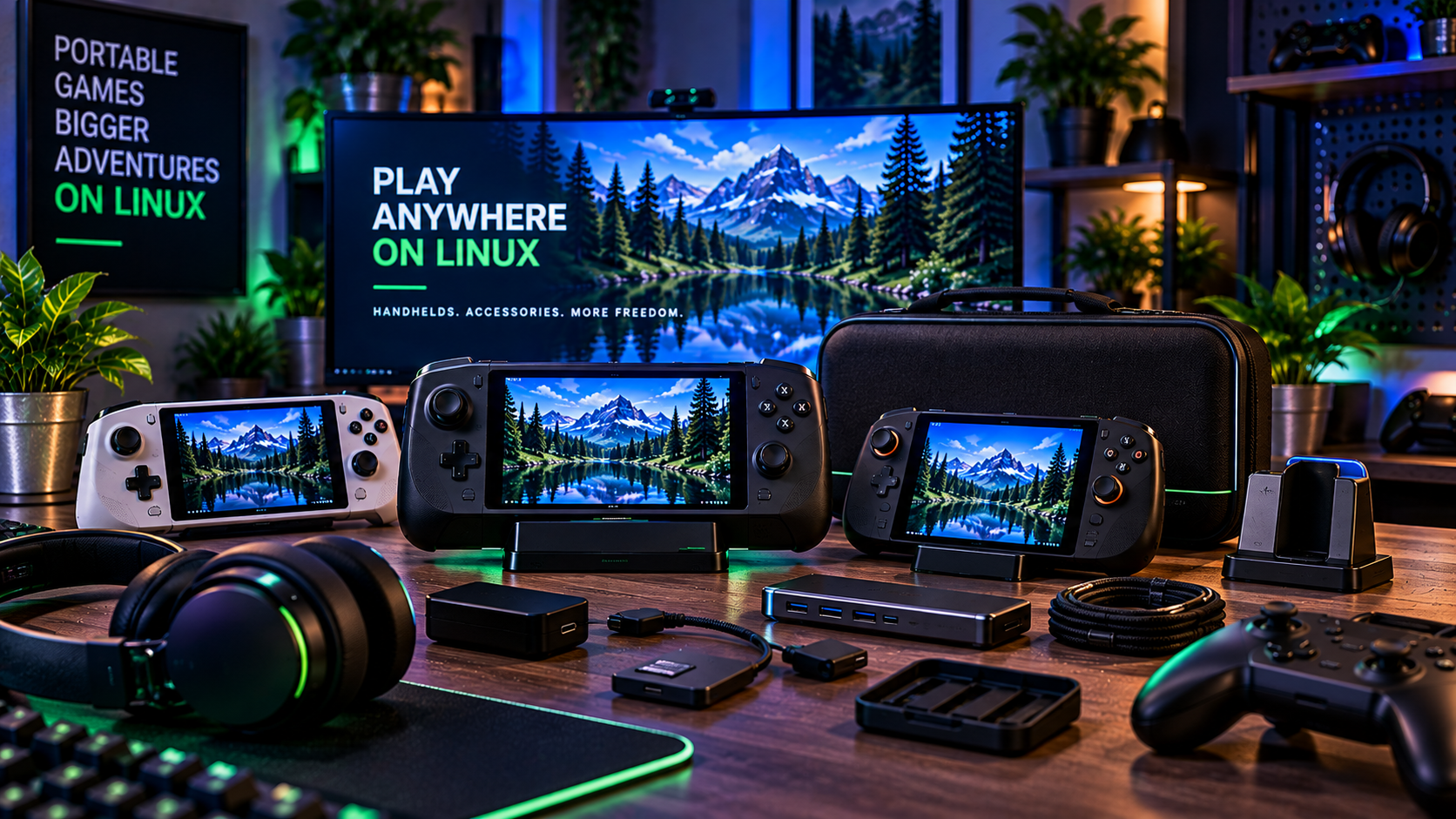 Handheld gaming PCs and accessories in a Linux gaming setup.