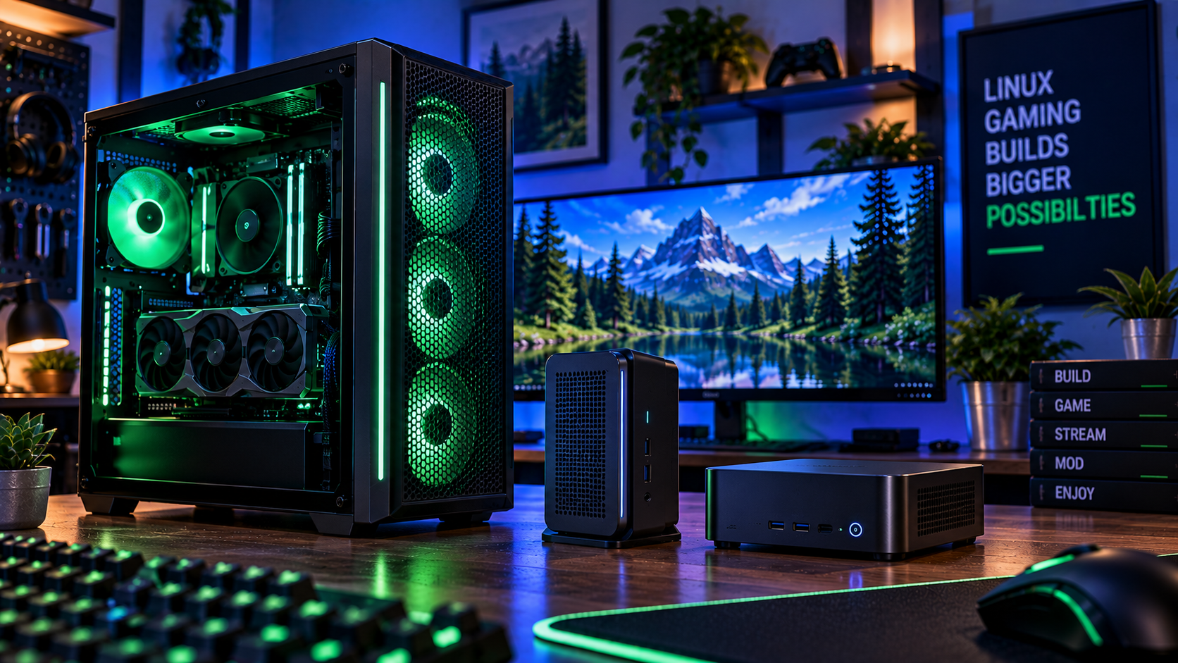 Gaming desktop PC and compact mini PCs in a Linux gaming setup.