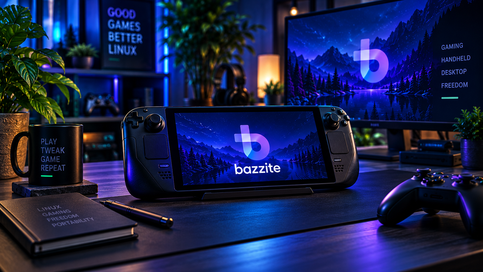 Illustrated gaming handheld and desktop monitor displaying Bazzite branding.