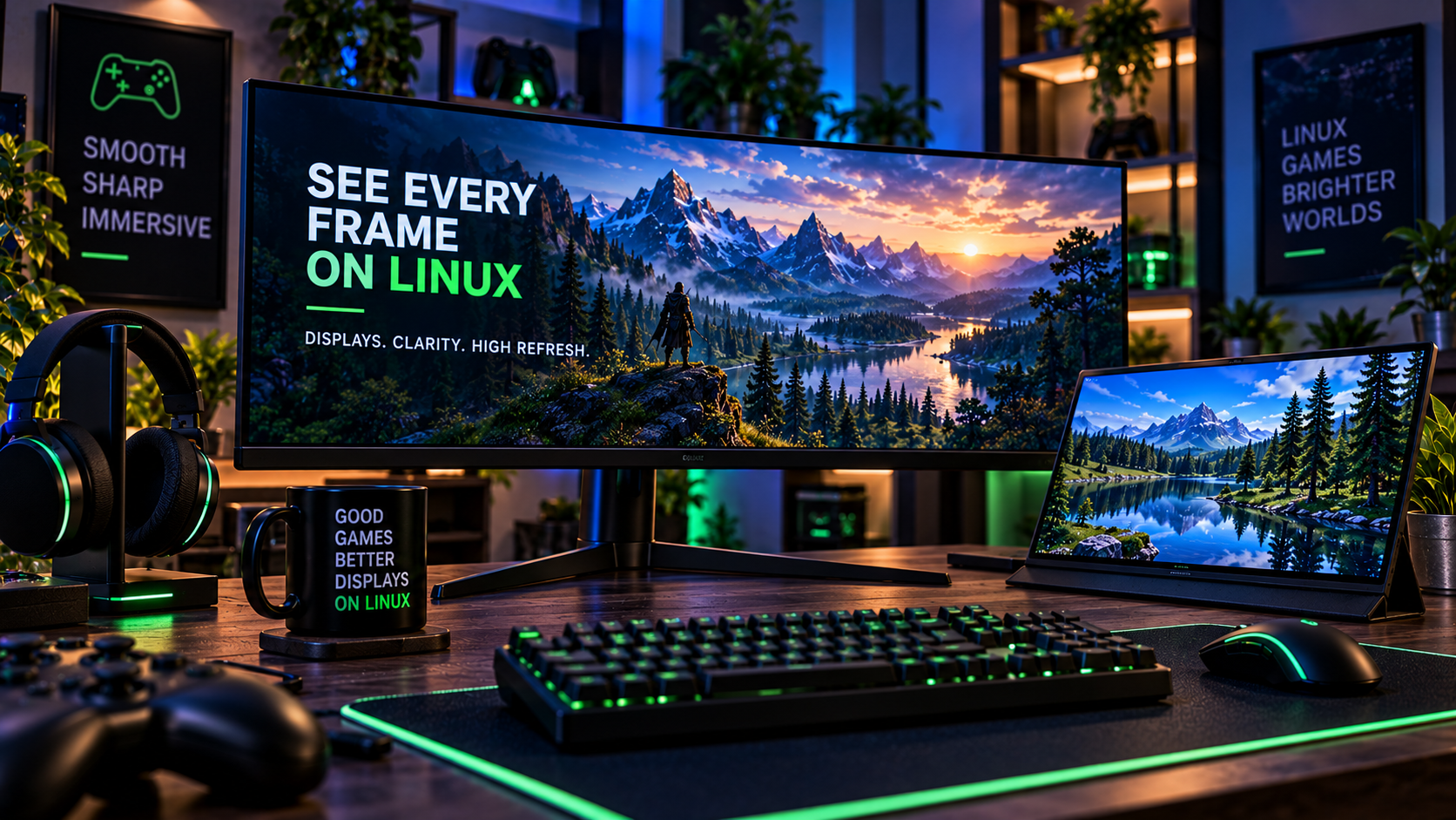 Gaming monitor and display setup for a Linux gaming PC.