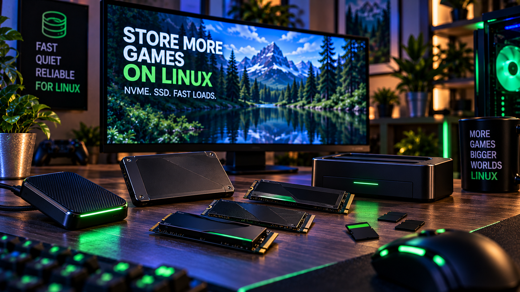 NVMe solid-state drive storage for a Linux gaming PC.